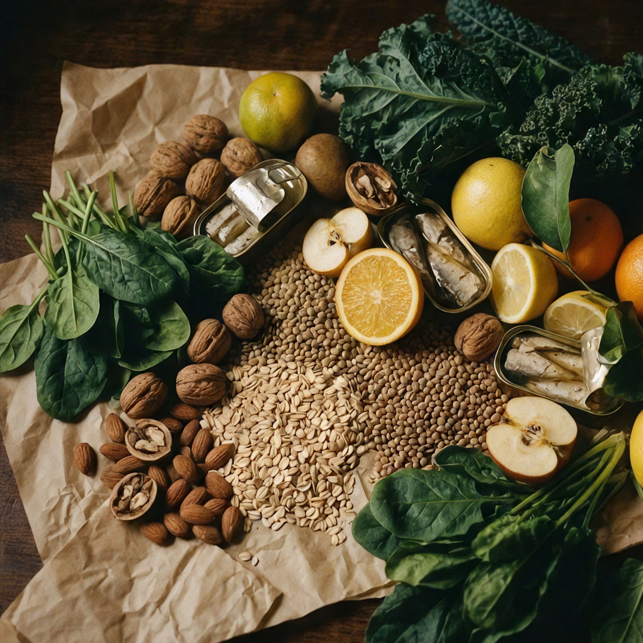 A tabletop filled with fruit and nuts