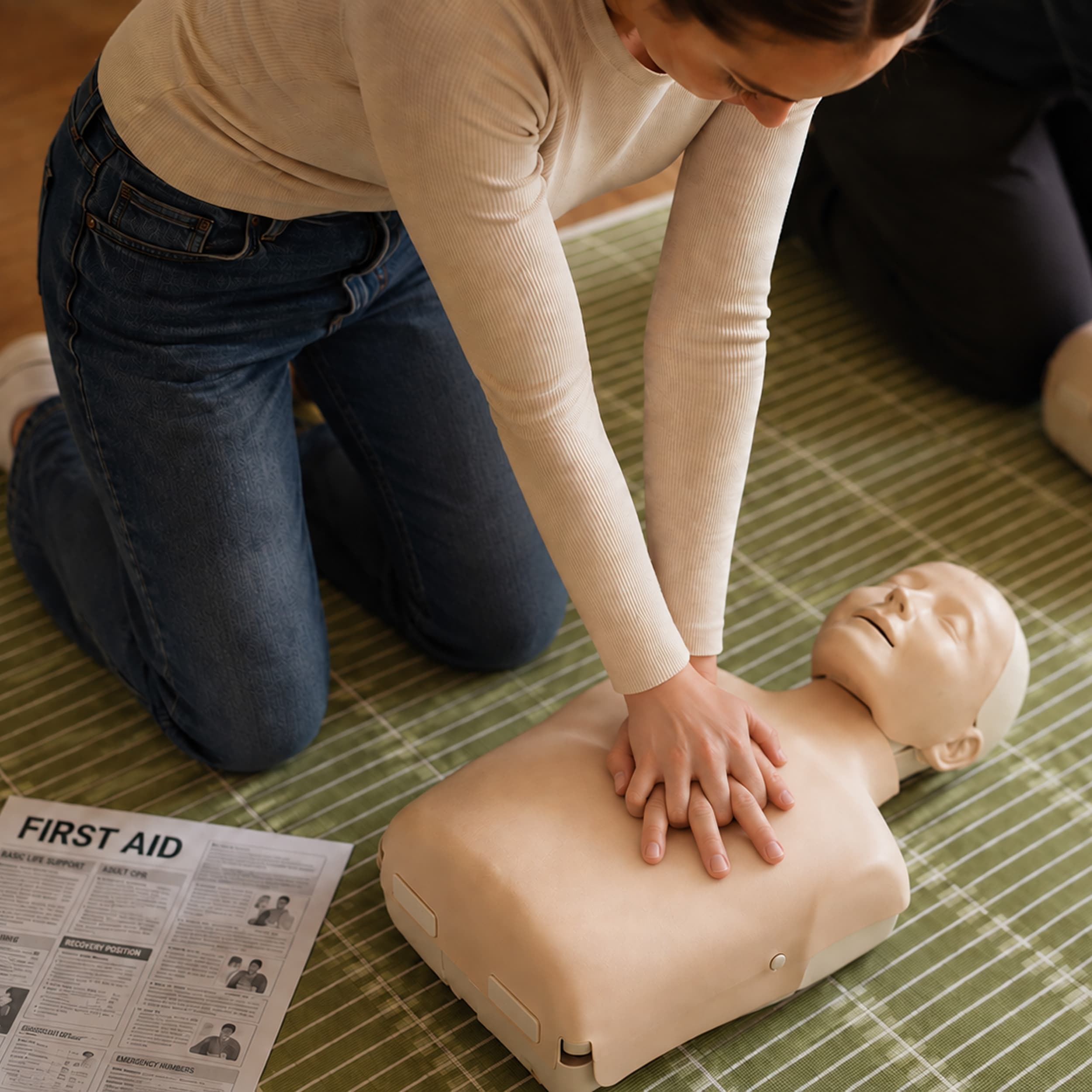 person practicing chest compressions on a CPR manikin
